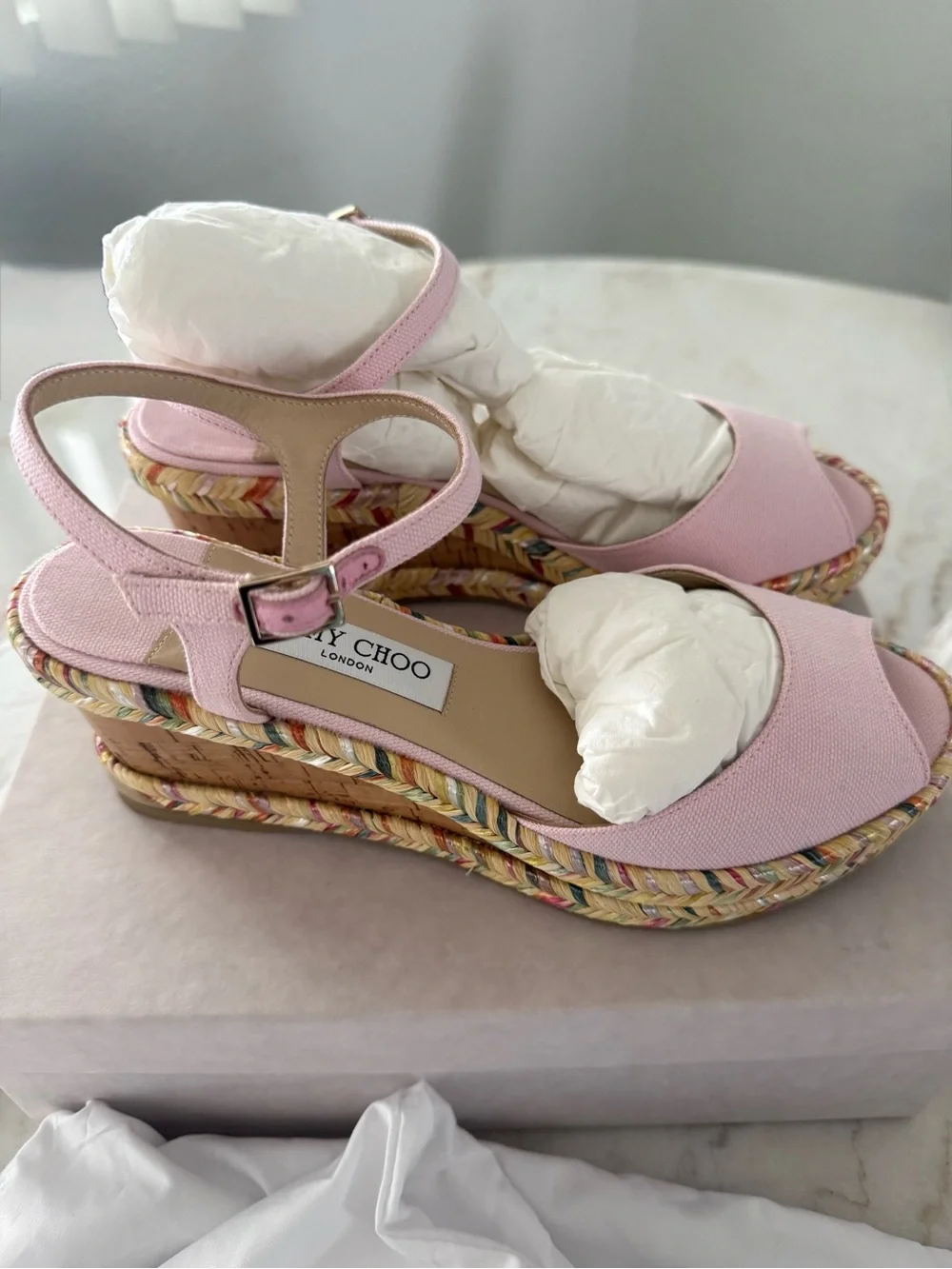 Jimmy Choo Perla 70 Pale Pink Espadrille Wedge Sandals
